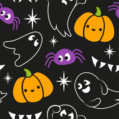 Siyah arka planda şirin küçük hayaletler, balkabakları ve örümcekler olan kusursuz bir Cadılar Bayramı deseni. Çocuk kumaşı, kağıt, tekstil, kart tasarımı için desen