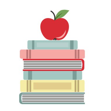 Beyaz arka planda izole edilmiş bir yığın kitabın üzerindeki kırmızı elma tasviri