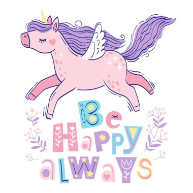 Tatlı sihirli tek boynuzlu at ve kısa cümlede iyi geceler. Beyaz arkaplanda izole edilmiş vektör el çizimi