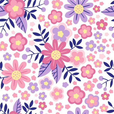 Beyaz arkaplanda pastel renklerde, soyut biçimlendirilmiş çiçeklerle el çizimi kusursuz desen