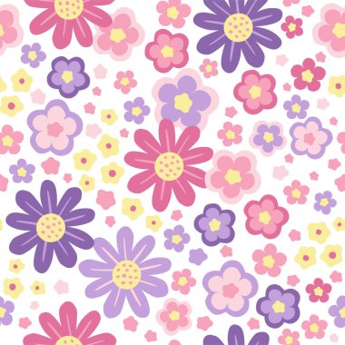 Beyaz arkaplanda pastel renklerde, soyut biçimlendirilmiş çiçeklerle el çizimi kusursuz desen