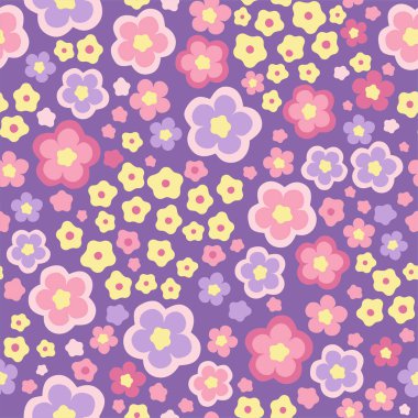 El çizimi pürüzsüz desen. Soyut stilize çiçekler. Mor arka planda pastel renkler.