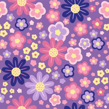 El çizimi pürüzsüz desen. Soyut stilize çiçekler. Mor arka planda pastel renkler.