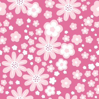 El çizimi pürüzsüz desen. Soyut biçimlendirilmiş çiçekler. Pembe arka planda pastel renkler.