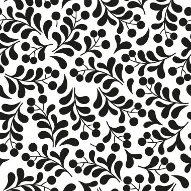 Siyah ve beyaz pürüzsüz desen. El çizimi çizimi. Dut ve yapraklarla sarmaş dolaş dalların silueti.