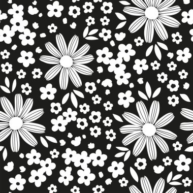 Siyah ve beyaz pürüzsüz desen. El çizimi çizimi. Şekillendirilmiş farklı soyut çiçeklerin silueti