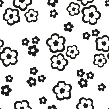 Siyah ve beyaz pürüzsüz desen. El çizimi çizimi. Şekillendirilmiş farklı soyut çiçeklerin silueti