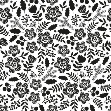 Siyah ve beyaz pürüzsüz desen. El çizimi çizimi. Şekillendirilmiş farklı soyut çiçeklerin silueti