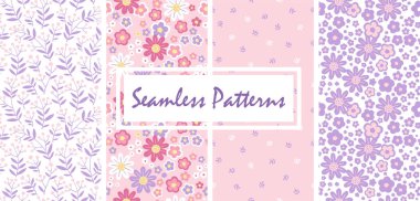 Soyut stilize edilmiş, pembe arkaplandaki pastel renklerde küçük çiçeklerle el çizimi kusursuz desen.