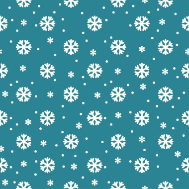 Mavi arka planda kar taneleri olan kusursuz bir Noel deseni. Paket kağıdı ve tebrik kartları için vektör el çizimi illüstrasyonu