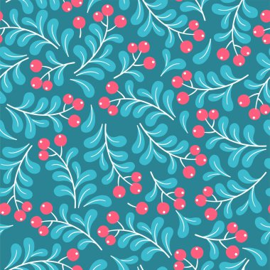 Kusursuz desenli ve mavi arka planda kırmızı böğürtlenli. Paket kağıdı ve tebrik kartları için vektör el çizimi illüstrasyonu
