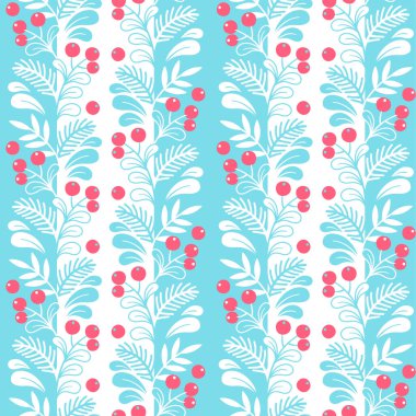 Çizgili beyaz ve mavi arka planda kutsal yapraklar ve kırmızı böğürtlenlerle kusursuz desen. Paket kağıdı ve tebrik kartları için vektör el çizimi illüstrasyonu