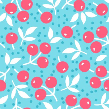 Kusursuz desenli ve mavi arka planda kırmızı böğürtlenli. Paket kağıdı ve tebrik kartları için vektör el çizimi illüstrasyonu