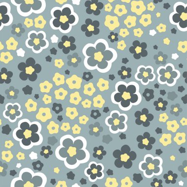 Gri bataklık gölgelerinde çiçekler olan el çizimi, pürüzsüz desen. Arka plan için sevimli romantik Ditsy Moda Yazısı, tatil tasarımı, duvar kağıdı, kumaş