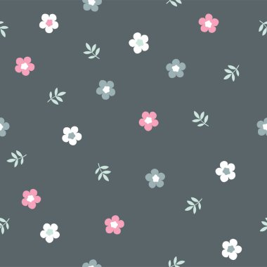 Gri bataklık arka planında küçük çiçekler, açık renkler olan el çizimi, pürüzsüz desen. Arka plan, tatil tasarımı, duvar kâğıdı, kumaş için sevimli romantik moda baskısı