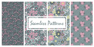 Gri bataklık gölgelerinde çiçekler olan el çizimi, pürüzsüz desen. Arka plan için sevimli romantik Ditsy Moda Yazısı, tatil tasarımı, duvar kağıdı, kumaş