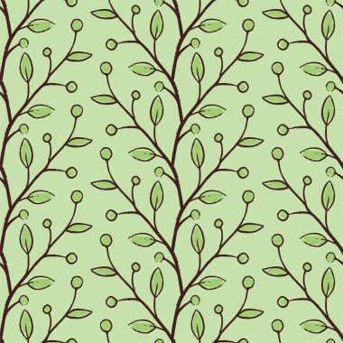 El çizimi, dalların birbirine dolanmış yeşil renkli desenler. Arka plan için sevimli romantik dikey moda baskısı, tatil tasarımı, duvar kağıdı, kumaş