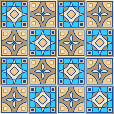 Kare seramik fayanslardan elde çizilmiş pürüzsüz desen. Dekoratif yama desen tasarımı. Tipik doğu zeminleri ve duvar kiremitleri farklı desenler ve mavi, kahverengi ve beyaz renkte dizayn edilmiş.