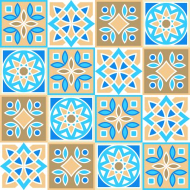 Kare seramik fayanslardan elde çizilmiş pürüzsüz desen. Dekoratif yama desen tasarımı. Tipik doğu zeminleri ve duvar kiremitleri farklı desenler ve mavi, kahverengi ve beyaz renkte dizayn edilmiş.