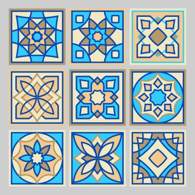 Vektör el çizimi kare seramik seramik desen seti. Dekoratif yama desen tasarımı. Tipik oryantal zemin ve duvar kiremitleri mavi, kahverengi, sarı ve beyaz farklı desenlerde.