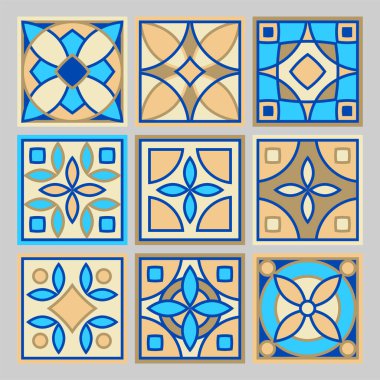 Vektör el çizimi kare seramik seramik desen seti. Dekoratif yama desen tasarımı. Tipik oryantal zemin ve duvar kiremitleri mavi, kahverengi, sarı ve beyaz farklı desenlerde.