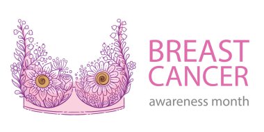 El çizimi vektör çizimi. Çiçekli dantel sütyen ve mesaj göğüs kanseri farkındalığı ayı. Ekim 'de tıbbi geçmiş