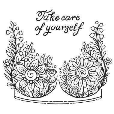 El çizimi vektör çizimi. Çiçekli dantel sütyen ve mesaj göğüs kanseri farkındalığı ayı. Ekim 'de tıbbi geçmiş