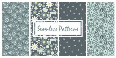 Gri bataklık gölgelerinde çiçekler olan el çizimi, pürüzsüz desen. Arkaplan, tatil tasarımı, duvar kağıdı, kumaş için sevimli romantik moda baskısı ayarla