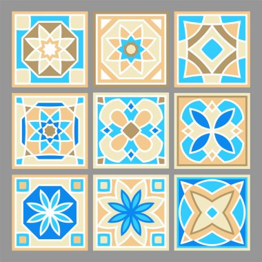 Vektör el çizimi kare seramik seramik desen seti. Dekoratif yama desen tasarımı. Döşeme ve duvar kiremitleri mavi, kahverengi, sarı ve beyaz farklı şekillerde.