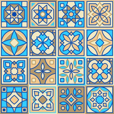 Vektör el çizimi kare seramik seramik desen seti. Dekoratif yama desen tasarımı. Tipik oryantal zemin ve duvar kiremitleri mavi, kahverengi, sarı ve beyaz farklı desenlerde.