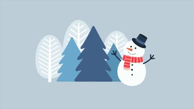 Hareket grafikleri Mutlu Noeller konsepti. Mutlu Noeller arkadaşlar. Kardan adam ve Noel ağaçları, kar yağıyor. 4K animasyon görüntüleri