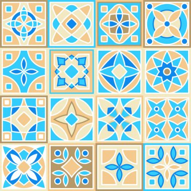 Vektör el çizimi kare seramik seramik desen seti. Dekoratif yama desen tasarımı. Tipik oryantal zemin ve duvar kiremitleri mavi, kahverengi, sarı ve beyaz farklı desenlerde.