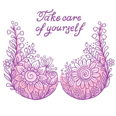 El çizimi vektör çizimi. Çiçekli dantel sütyen ve mesaj göğüs kanseri farkındalığı ayı. Ekim 'de tıbbi geçmiş