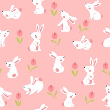 Güzel paskalya deseni. El çizimi vektör elementleri Beyaz tavşanlar, çiçekler, paskalya yumurtaları pembe arka plan