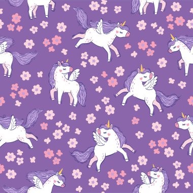 Mor yeleli ve kuyruklu tek boynuzlu at. Mor çiçekli şirin tek boynuzlu atlara sahip vektörsüz desen