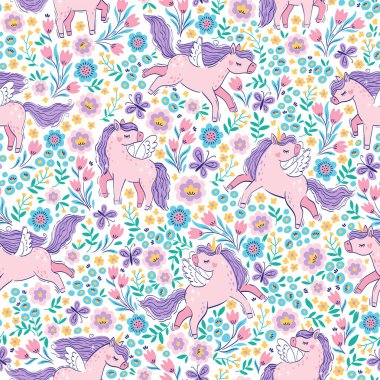 Mor yeleli ve kuyruklu tek boynuzlu at. Beyaz çiçek arka planında şirin tek boynuzlu atlara sahip kusursuz vektör deseni