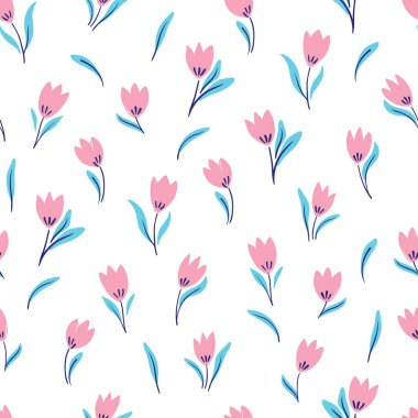 El çizimi, kusursuz çiçek deseni. Beyaz arka planda biçimlendirilmiş pembe lale çiçekleri