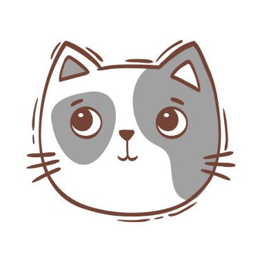 El çizimi vektör çizimi kedi yüzü portresi. Simge, logo tasarımı, baskı, tebrik kartı, çıkartma. İzole kediler beyaz arka planda izole bir şekilde