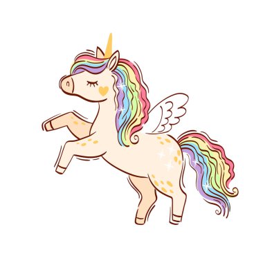 Gökkuşağı tek boynuzlu atı. El yapımı izole edilmiş tek boynuzlu at beyaz arka planda izole edilmiş. Tasarım için parlak renkler çocuklar için oda, giysi, çocuk odası