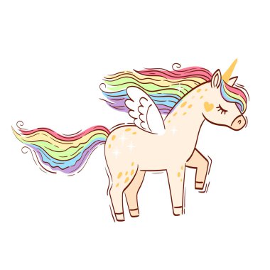 Gökkuşağı tek boynuzlu atı. El yapımı izole edilmiş tek boynuzlu at beyaz arka planda izole edilmiş. Tasarım için parlak renkler çocuklar için oda, giysi, çocuk odası