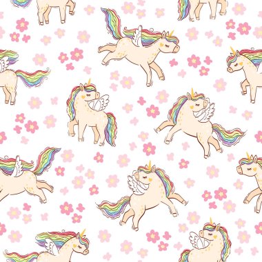 Gökkuşağı tek boynuzlu atı. El çizimi pürüzsüz desen. Beyaz arka planda pembe çiçeklerin arasındaki tek boynuzlu at. Tasarım odası, giysi, çocuk odası, çocuk odası için ışık renklerinde parlak illüstrasyon