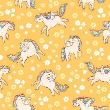Gökkuşağı tek boynuzlu atı. El çizimi pürüzsüz desen. Sarı arka planda pembe çiçeklerin arasındaki tek boynuzlu at. Tasarım için parlak renkler çocuklar için oda, giysi, çocuk odası