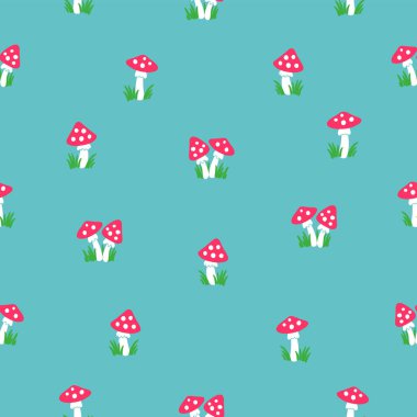 Amanita mantarı açık mavi arkaplanda kusursuz bir desen oluşturur.