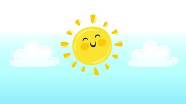 4k animasyonu, mavi gökyüzündeki kabarık bulutlar arasında çizgi film tarzında gülümseyen sevimli, parlak bir güneşin animasyonu