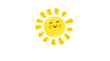 Beyaz arka planda izole edilmiş çizgi film tarzında parıldayan sevimli bir güneşin 4k animasyonu