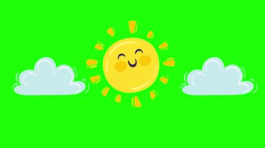 4K Yeşil ekran arka planında kabarık bulutlar arasında çizgi film tarzında gülümseyen şirin bir güneşin animasyonu