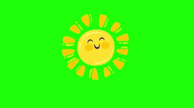 Yeşil ekran arka planında çizgi film tarzında gülümseyen sevimli bir güneşin 4K animasyonu