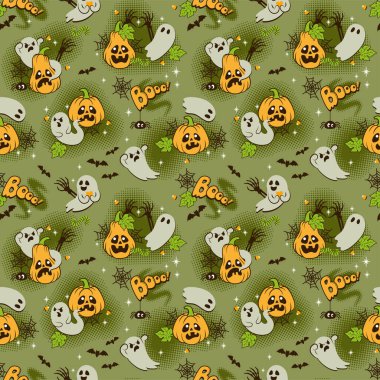 Cadılar Bayramı için korkunç hayaletler, vampir yarasa, örümcek ağı ve yeşil bataklık arka planında ürkütücü balkabaklarıyla kusursuz bir korku şablonu. Kumaş, kağıt, tekstil, kart tasarımı için desen