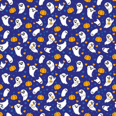 Tatlı küçük hayaletlerle kusursuz bir Cadılar Bayramı deseni. Koyu mavi arka planda beyaz hayaletler. Kumaş, kağıt, tekstil, kart tasarımı için desen