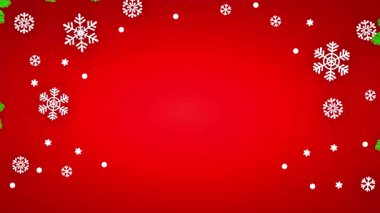 Kırmızı zemin üzerinde Noel ağacı dalları ve Kar Tanesi olan metin için animasyon afişi. 4K animasyonu Mutlu Noeller ve Mutlu Yıllar